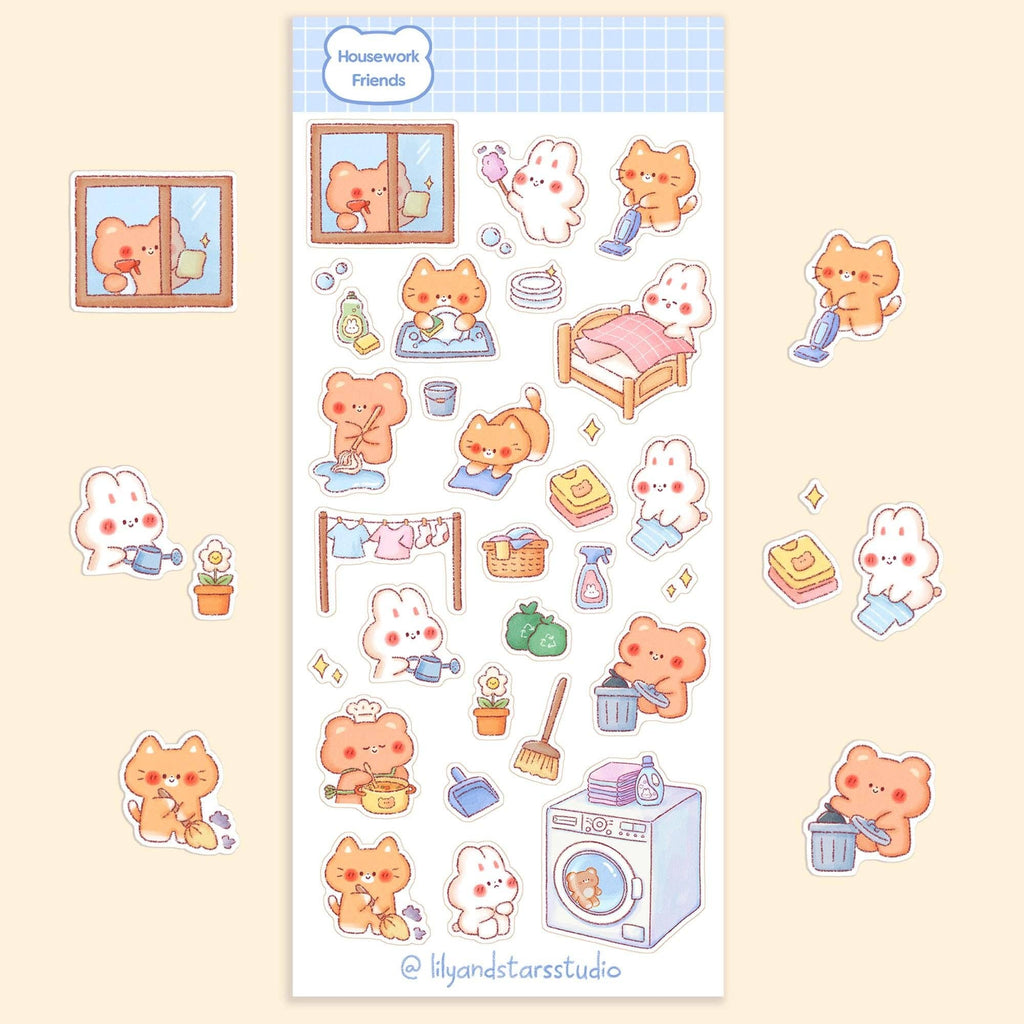 Housework Friends Sticker Sheet • Hand Drawn • Kawaii Cleaning • Matte Stickers