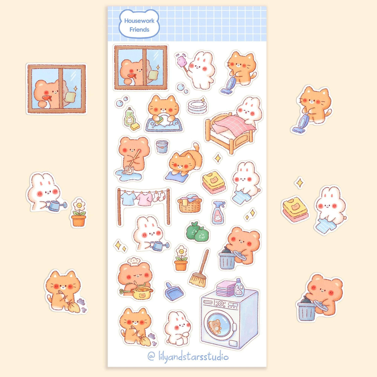 Housework Friends Sticker Sheet • Hand Drawn • Kawaii Cleaning • Matte Stickers