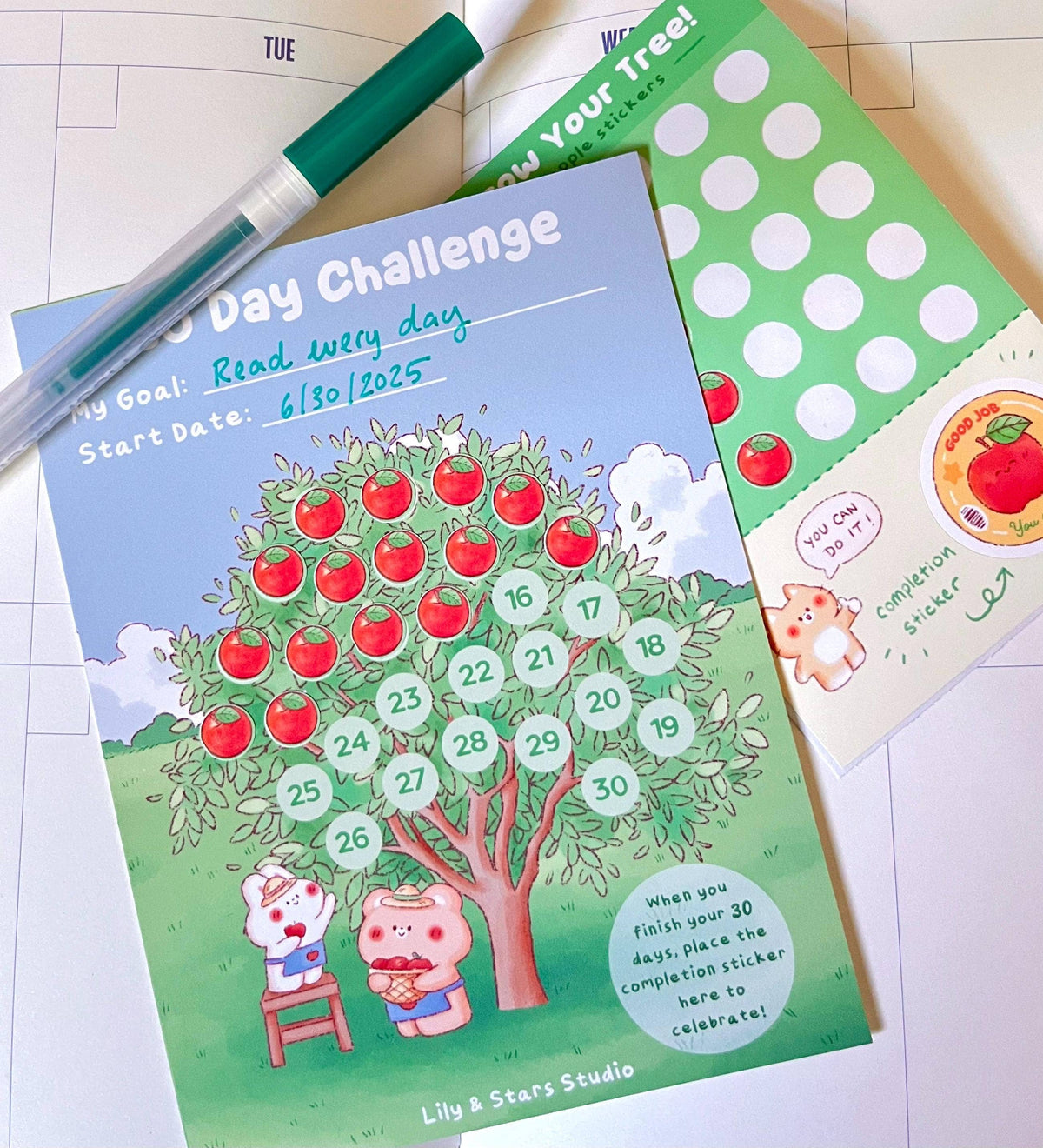 Apple Tree Habit Tracker • 30 Day Monthly Goal Challenge with Stickers (4x5.25 in)