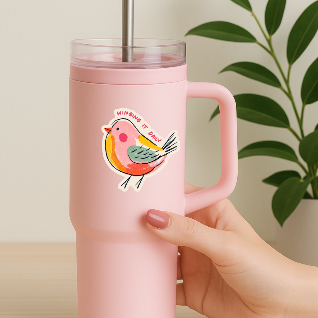 Winging It Daily Bird Sticker, Cute Colorful Bird Decal