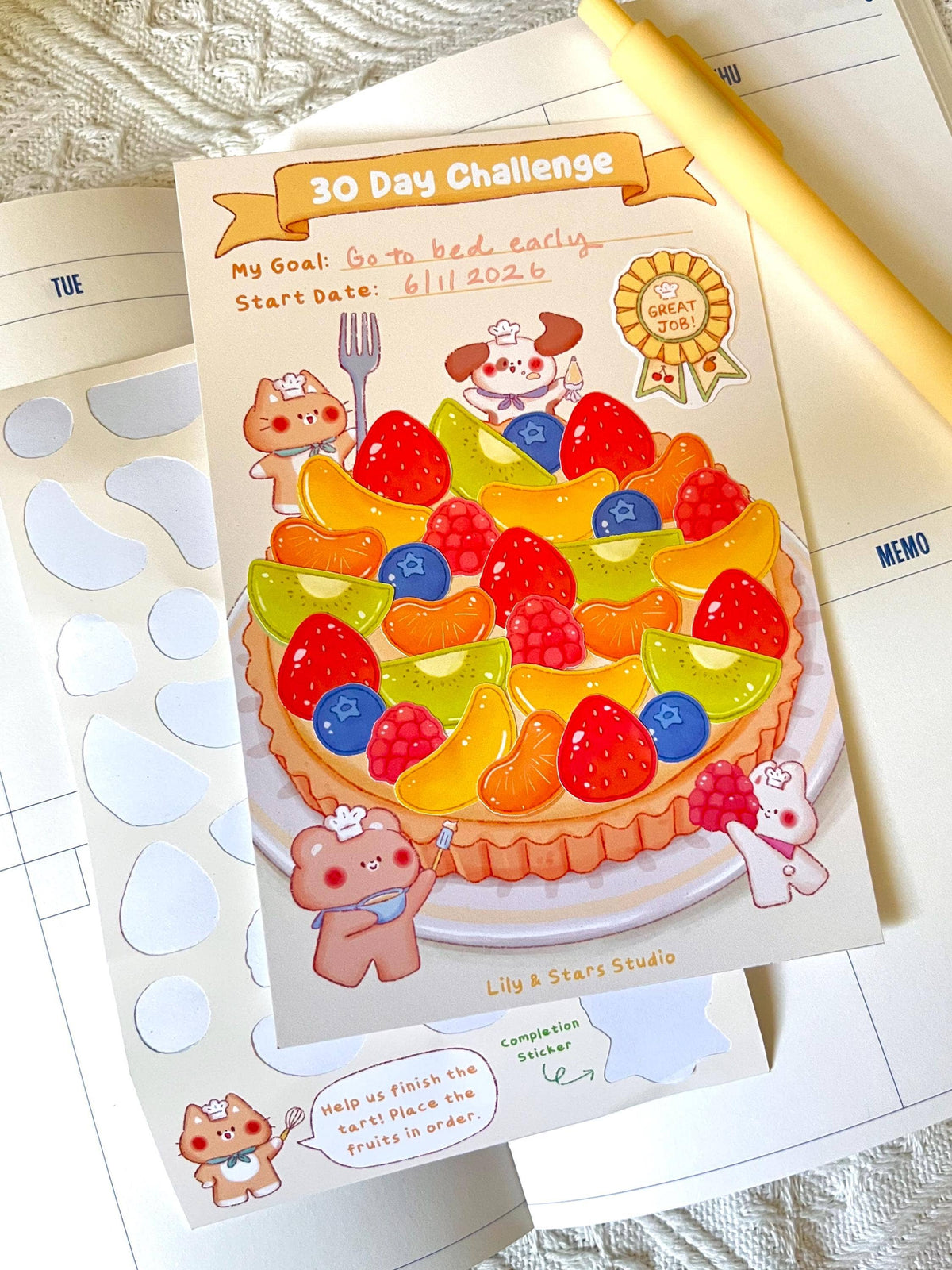 Fruit Tart Habit Tracker • 30 Day Monthly Goal Challenge with Stickers (4x6 in)