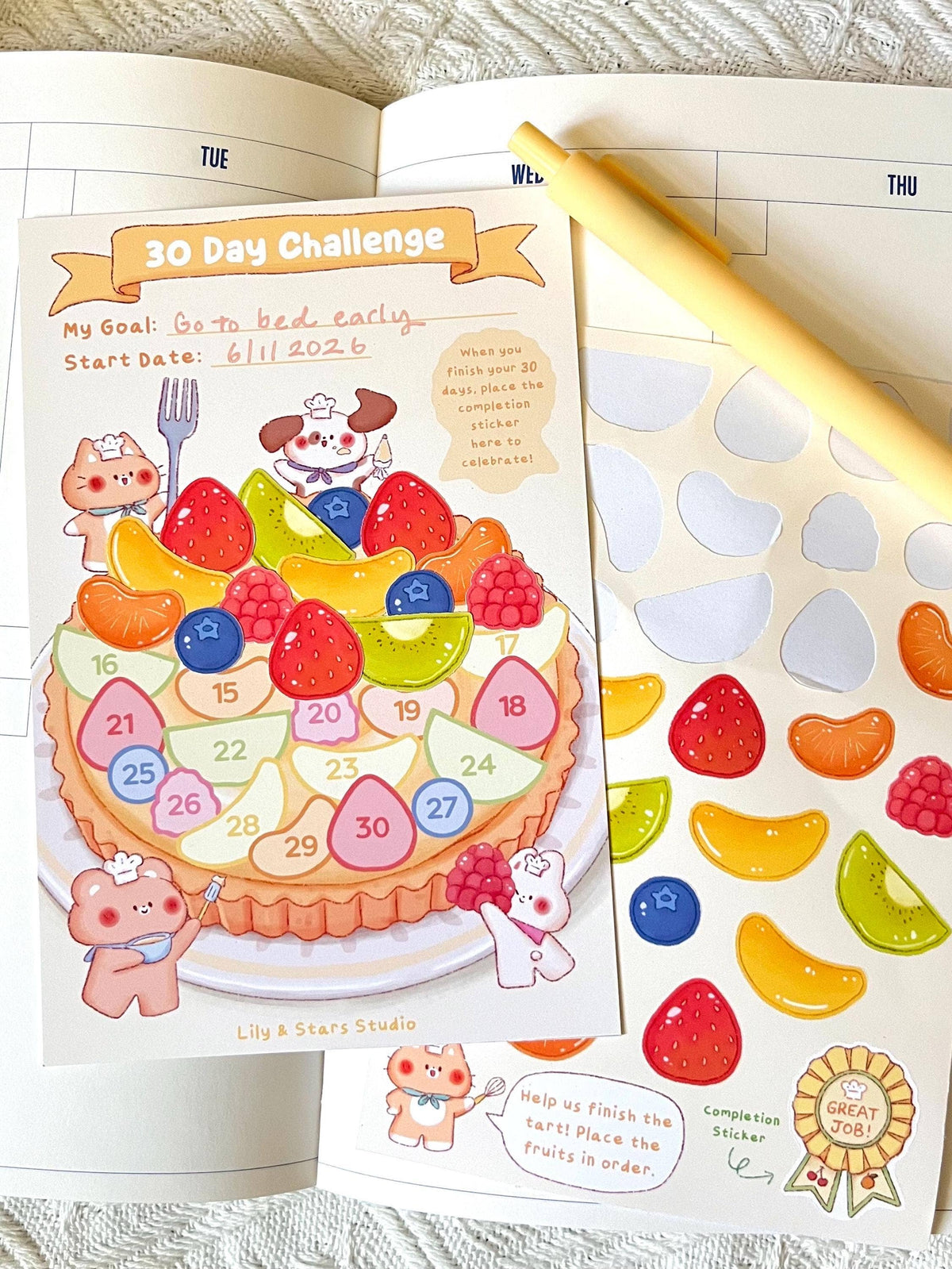 Fruit Tart Habit Tracker • 30 Day Monthly Goal Challenge with Stickers (4x6 in)