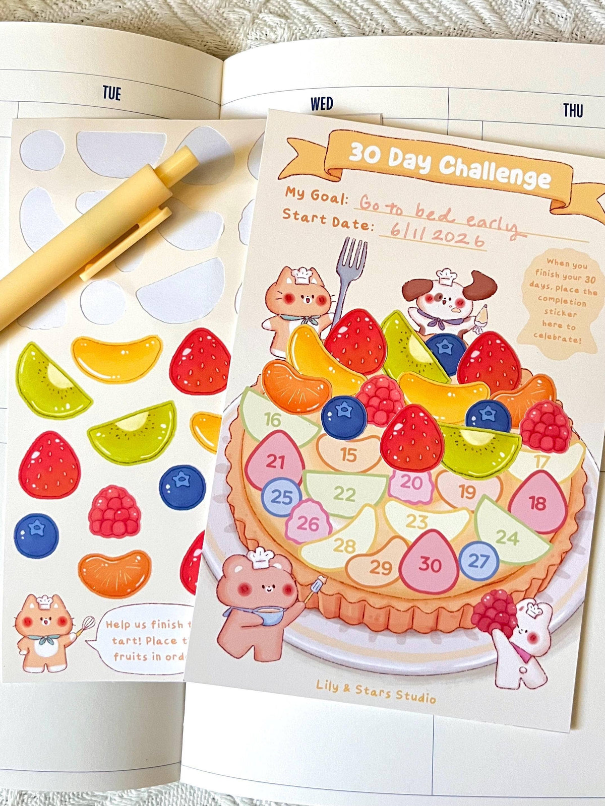 Fruit Tart Habit Tracker • 30 Day Monthly Goal Challenge with Stickers (4x6 in)