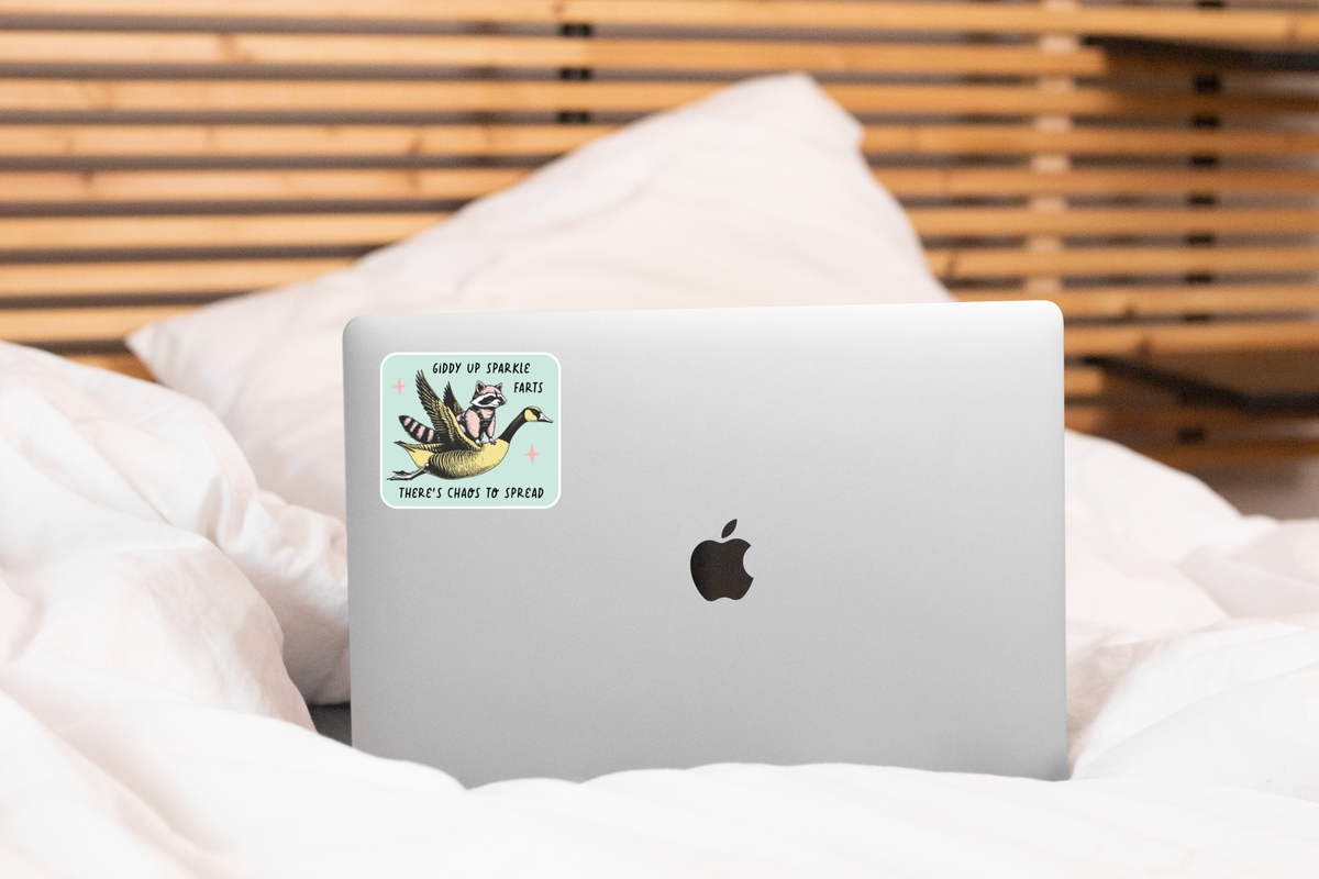 Giddy Up Sparkle Farts Sticker - raccoon, goose, funny, cute