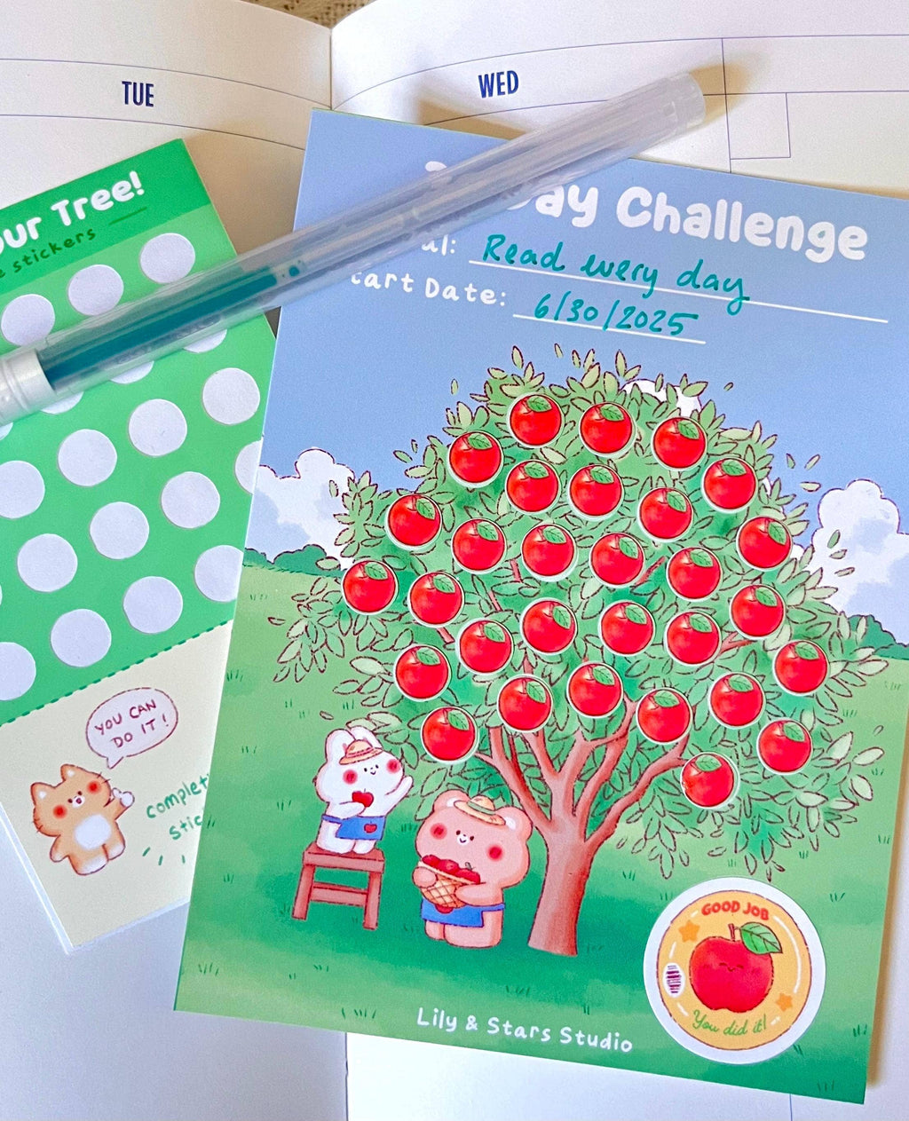 Apple Tree Habit Tracker • 30 Day Monthly Goal Challenge with Stickers (4x5.25 in)