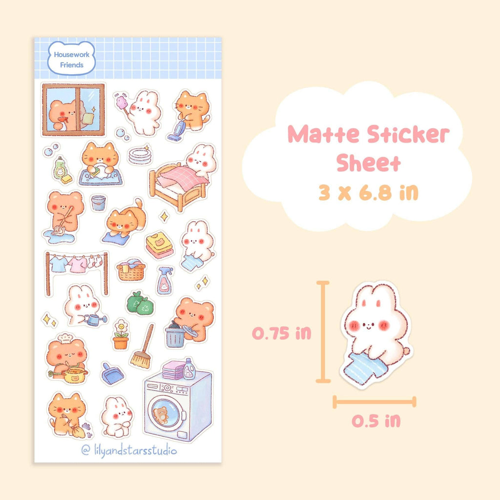Housework Friends Sticker Sheet • Hand Drawn • Kawaii Cleaning • Matte Stickers