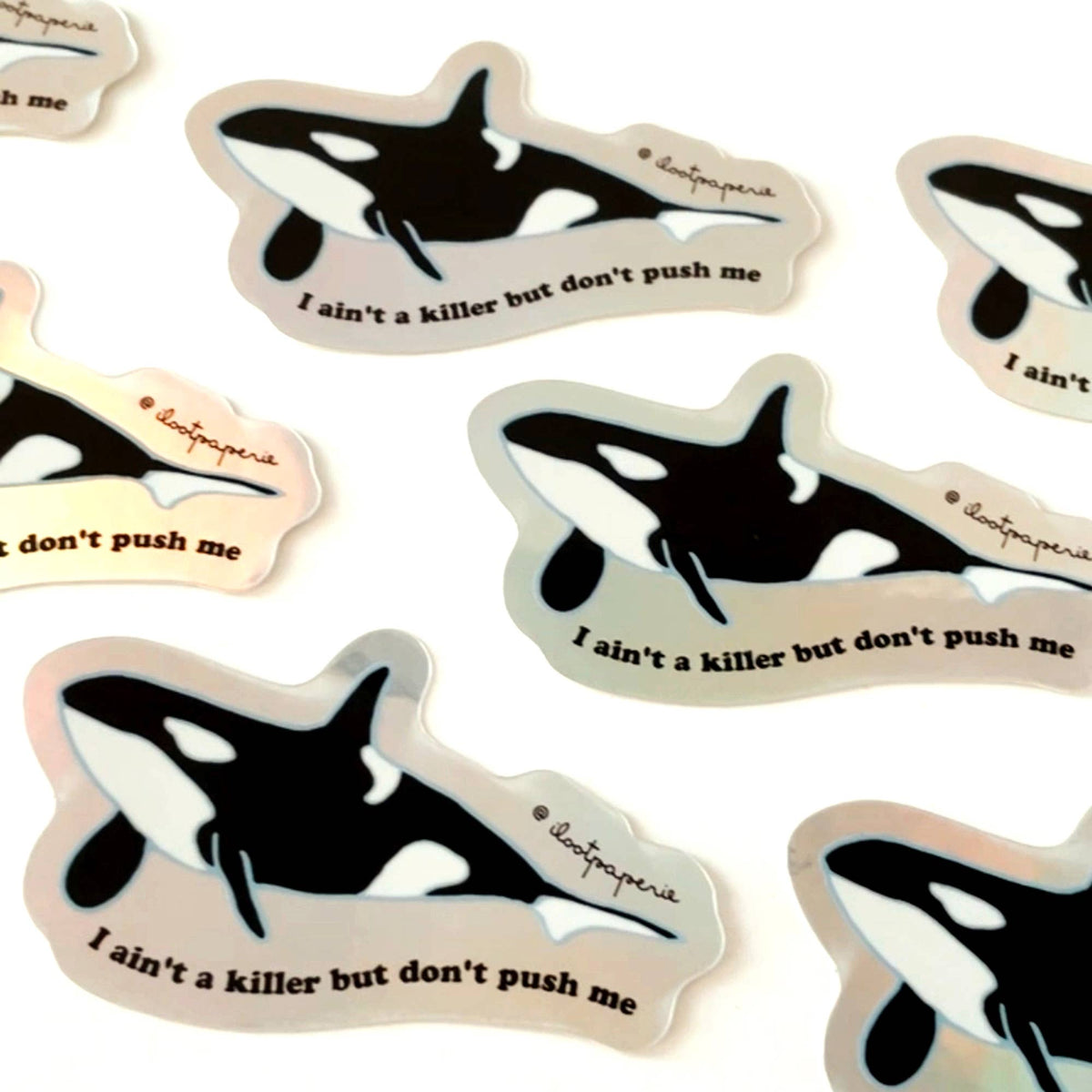 Killer Whale Don't Push Me Mini Holographic Sticker