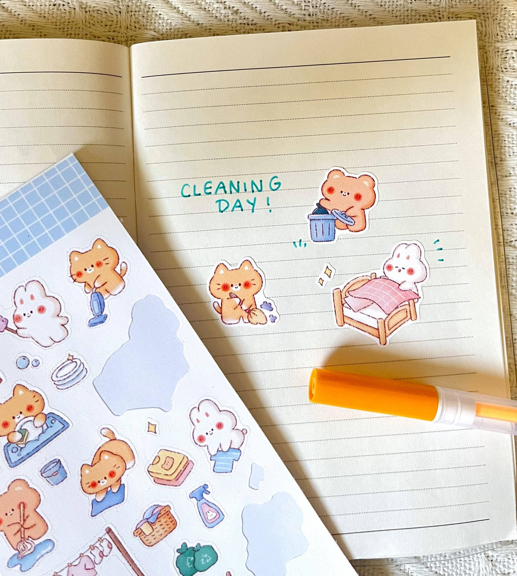 Housework Friends Sticker Sheet • Hand Drawn • Kawaii Cleaning • Matte Stickers